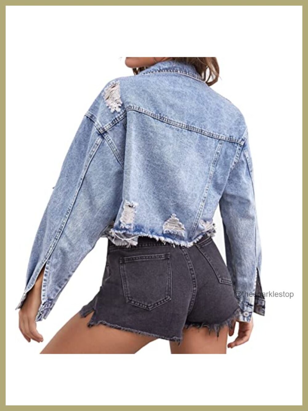 Cropped Distressed Denim Jacket Long Sleeve Button Down Frayed Hem
